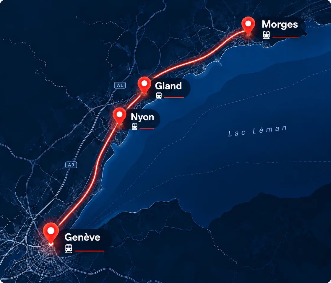 Carte de la zone d'intervention le long du Lac Léman — de Genève à Morges, en passant par Nyon et Gland